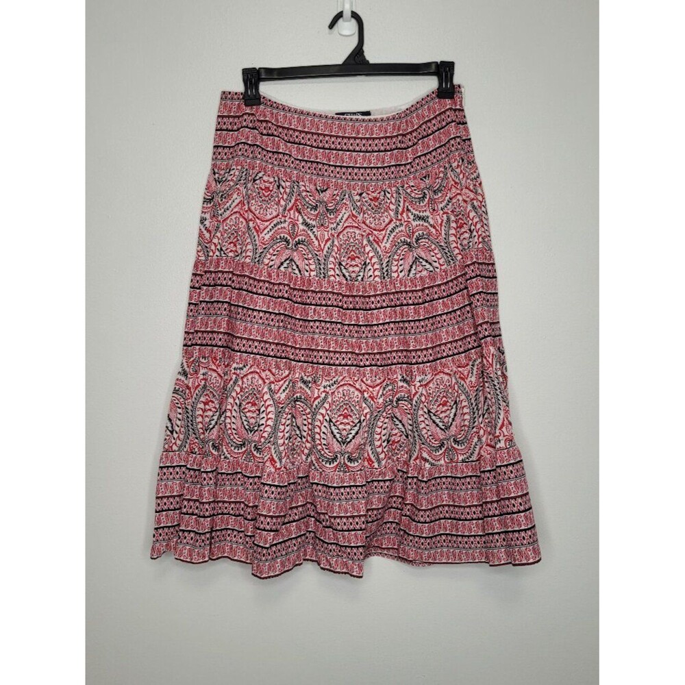 Chaps red black white geometric printed cotton midi a line skirt